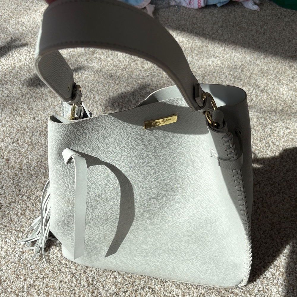 katie loxton pale gray leather shoulder tote with tassel